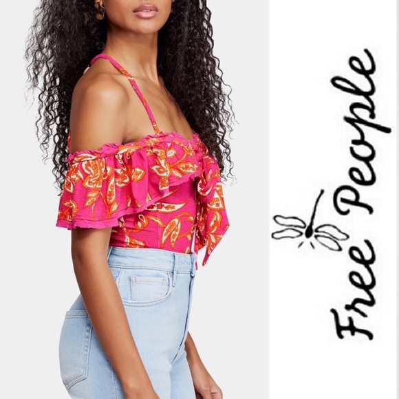 Free People Tops - FREE PEOPLE Pink & Orange Floral Off Shoulder Top